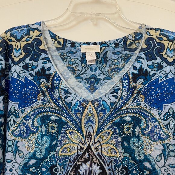 Chico's 0 Small Knit Top Shirt Blue Yellow Multi Crystals Studs V Neck Blouse - Picture 2 of 8